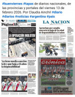 Tapas de diarios nacionales, de las provincias y portales del pa�s 13 de febrero 2026