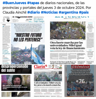 Tapas de diarios nacionales, de las provincias y portales 3 de octubre 2024.